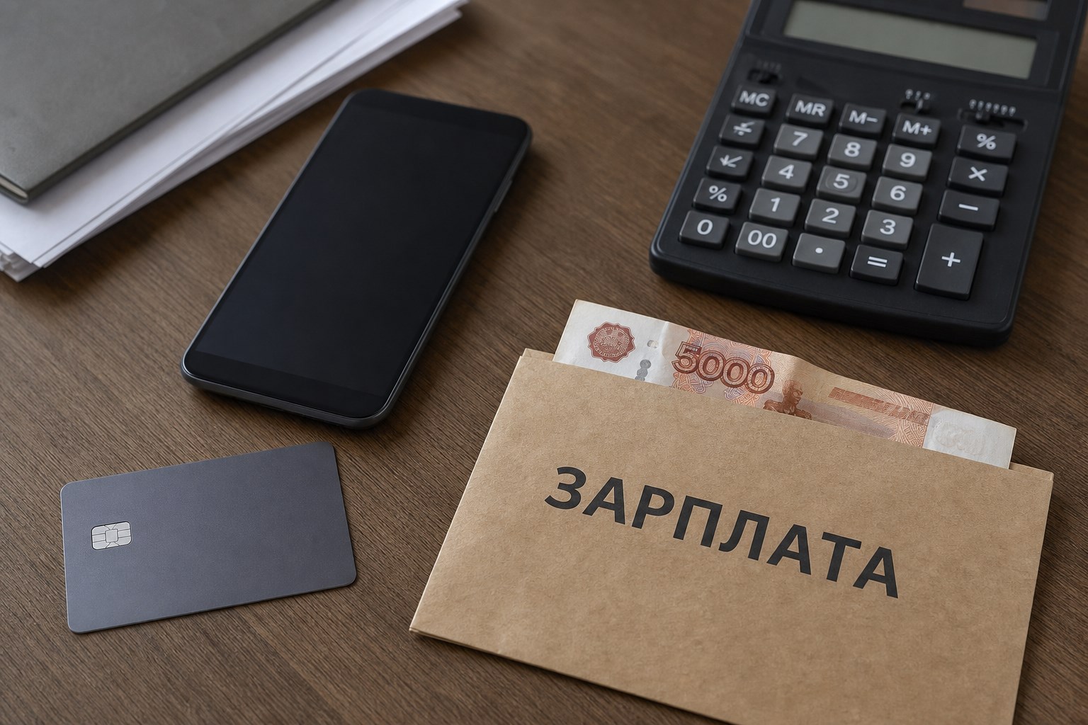 Банковская карта, калькулятор и конверт с зарплатой в рублях