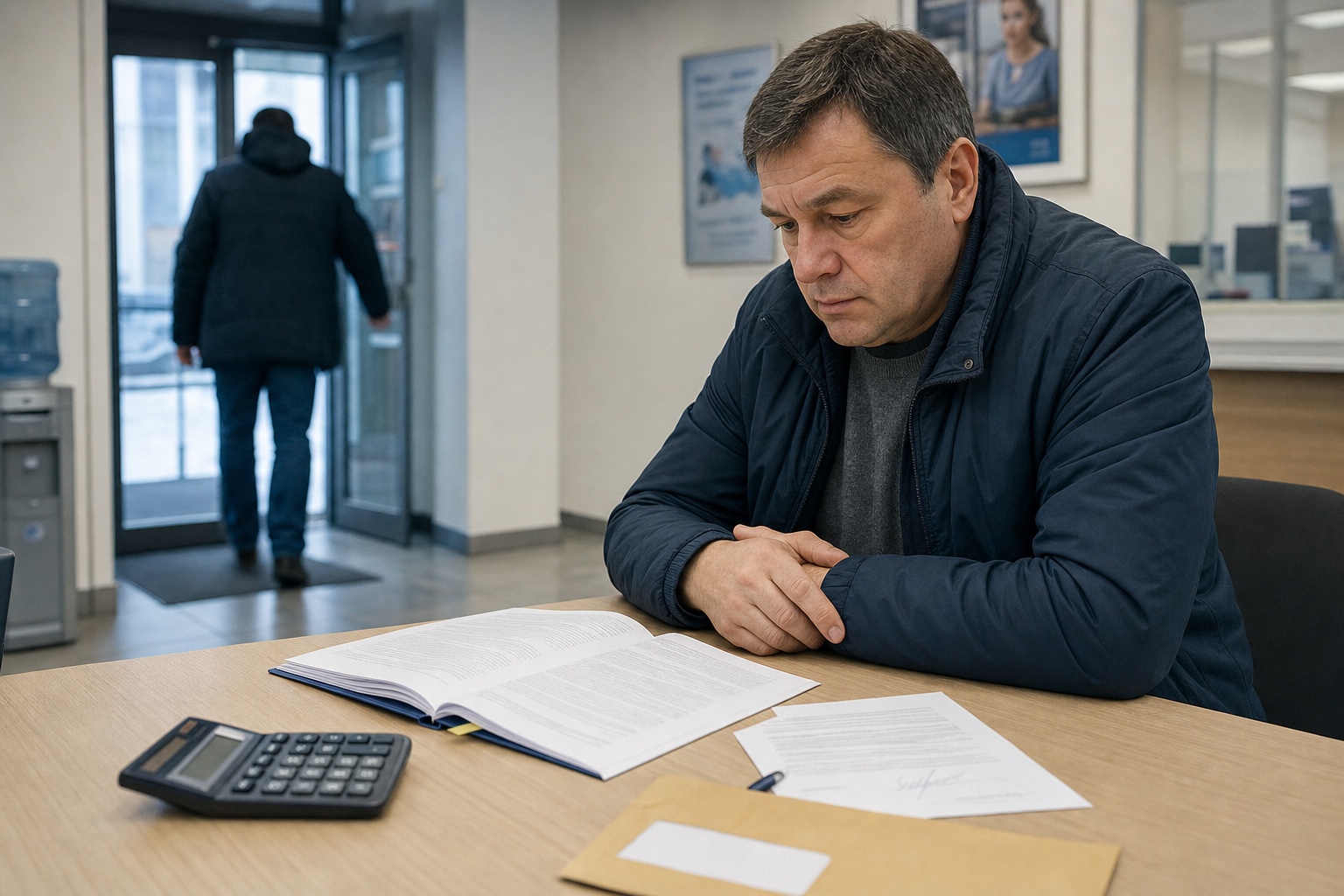 Поручитель остаётся за столом с кредитным договором, пока заёмщик уходит
